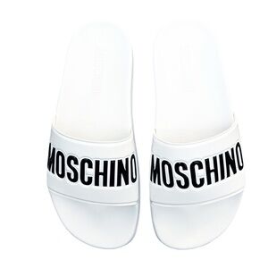 MOSCHINO Logo Slide Sandals in White, Size 38 New in Box